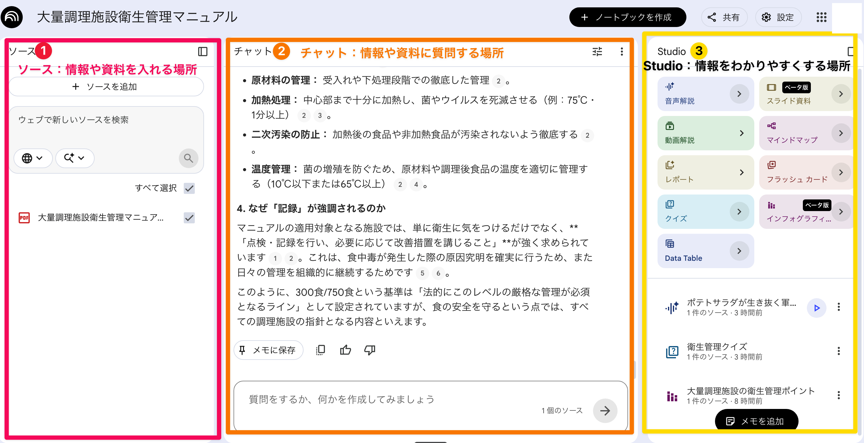 NotebookLMの画面：左がソース、中央がチャット、右がStudio
