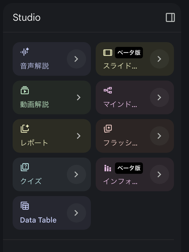 NotebookLMのStudio画面：音声解説・レポート・マインドマップ・クイズなど
